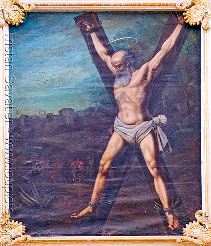 st andrews crucifixion painting - the martyrdom of st andrew, bald, bolivia, crucified, crucifixion, crux decussata, frame, framed, la paz, man, martyr, martyrdom, martyred, painting, sacred art, saint andrew's cross, saltire cross, st andrew, st. andrew's cross, torture, tortured