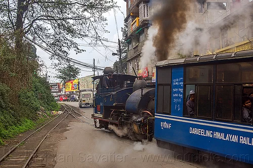 steam locomotive pulling the darjeeling "toy train" (india), 782 mountaineer, darjeeling himalayan railway, darjeeling toy train, narrow gauge, railroad tracks, road, smoke, smoking, steam engine, steam locomotive, steam train engine, train car