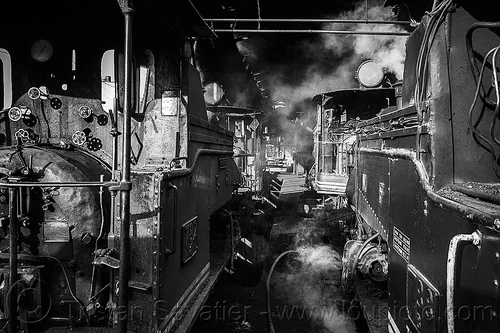steam locomotives in the darjeeling train yard (india), 782 montaineer, 788 tusker, darjeeling himalayan railway, darjeeling toy train, narrow gauge, railroad, smoke, smoking, steam engine, steam locomotive, steam train engine, train depot, train yard