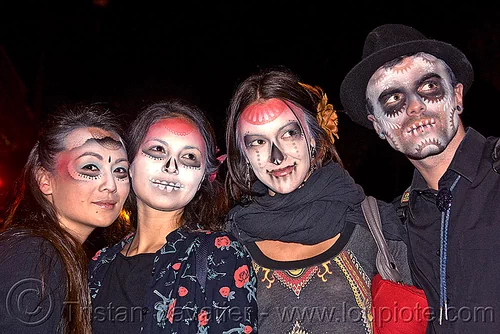 stencil airbrush skull makeup - four - dia de los muertos - halloween (san francisco), airbrush, day of the dead, dia de los muertos, face painting, facepaint, galen, halloween, icarus zaure, jessica, man, night, stencil, sugar skull makeup, women