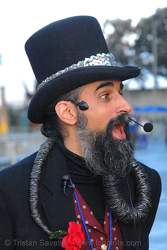 steven raspa - burning man fire arts exposition 2006, beard, burning man fire arts exposition, handfree microphone, headset, steven raspa, stovepipe hat
