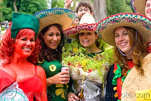 tabasco, chili, burrito and taco, bay to breakers, burrito, constumes, food, footrace, mexican, sombreros, street party, tabasco, taco, women