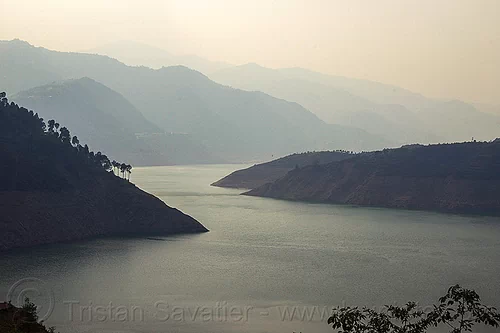 tehri reservoir - bhilangna valley (india), artificial lake, bhilangna river, bhilangna valley, hazy, hills, landscape, mountains, reservoir, tehri lake