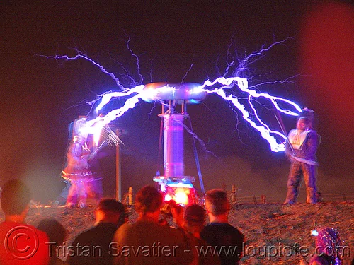 tesla coil discharge sends electric arcs, danger, dr megavolt, electric arc, electric discharge, fire art, high voltage, lightnings, plasma filaments, static electricity, tesla coil