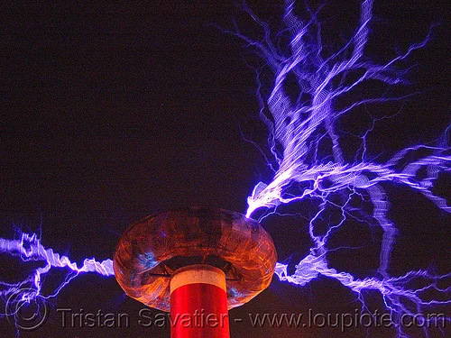 tesla coil discharging - electric arcs, danger, electric arc, electric discharge, fire art, high voltage, lightnings, plasma filaments, static electricity, tesla coil, therm