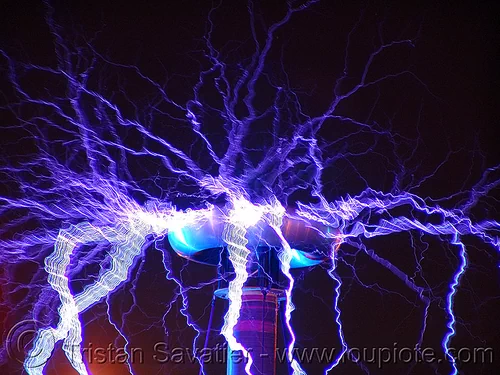 tesla coil - fire arts festival at the crucible (oakland), danger, dr megavolt, electric arc, electric discharge, fire art, high voltage, lightnings, plasma filaments, static electricity, tesla coil