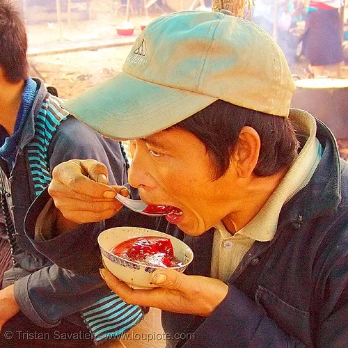 tiết canh (tiet canh) is raw blood soup - vietnam, bowl, breakfast, coagulated blood, dish, duck blood, food, hill tribes, indigenous, man, mèo vạc, poultry, raw blood soup, red, tiet canh, tiết canh