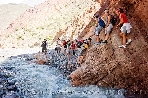 trekking - some scrambling to avoid crossing the river, argentina, hiking, iruya, jimena, men, mountain river, mountains, noroeste argentino, pilar, quebrada de humahuaca, river bed, san isidro, scrambling, trail, trekking, women