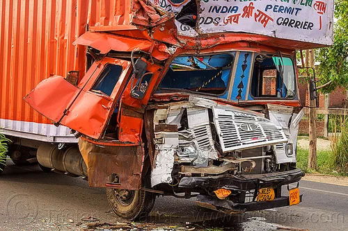 truck accident - crushed cab - frontal collision (india), cabin, crushed, delhi gujarat fleet carrier, dgfc, frontal collision, head-on collision, lorry accident, road crash, tata motors, traffic accident, traffic crash, truck accident, wreck