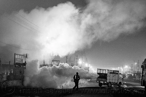 truck spraying ddt insecticide at kumbh mela (india), air quality, ddt, environment, fog truck, fogger truck, fogging, hindu pilgrimage, hinduism, insecticide, kumbh mela, lorry, night, pollution, smog, spray gun, spraying, white smoke