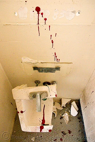vandalized bathroom - abandoned hospital (presidio, san francisco), abandoned building, abandoned hospital, bathroom, blood, broken, presidio hospital, presidio landmark apartments, red, sink, toilet, trespassing, vandalism, vandalized