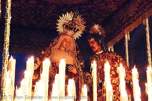virgen del mayor dolor - hermandad del gran poder - paso de la virgen - semana santa en sevilla, candles, easter, el gran poder, embroidery, float, goldwork, hermandad del gran poder, madonna, night, paso de la virgen, sacred art, san juan, semana santa, sevilla, st john evangelist, virgen del mayor dolor