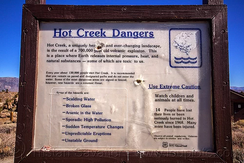 warning sign - hot creek dangers (california), california, caution, danger, eastern sierra, hot creek, hot springs, long valley caldera, mammoth lakes, river, warning sign