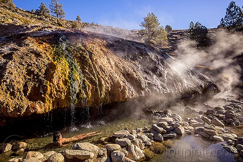 woman in hot pool - buckeye hot springs (california), bath, bathing, buckeye hot springs, california, concretions, dripping, eastern sierra, nude, pool, rocks, smoke, smoking, steam, travertine, woman