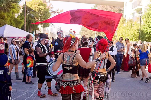 woman with back tattoo waving red flag, back piece, back tattoo, red flag, tattooed, tattoos, waving, woman