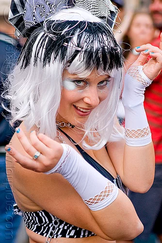 woman with black and white outfit - white wig, fashion gloves, headdress, white wig, woman