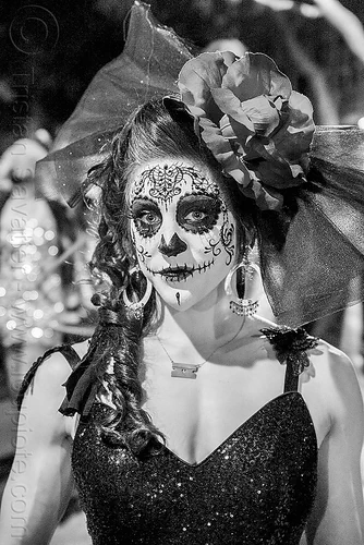 woman with intricate sugar skull makeup - black dress - headdress with large flower and veil - dia de los muertos, black dress, day of the dead, dia de los muertos, earrings, face painting, facepaint, flower headdress, halloween, night, sugar skull makeup, veil, woman