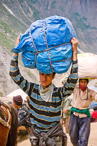 young load bearer carrying heavy load on his head - amarnath yatra (pilgrimage) - kashmir, amarnath yatra, bag, blue, carrying on the head, hindu pilgrimage, kashmir, load bearer, men, mountain trail, mountains, pilgrim, ropes, tarp, wallah
