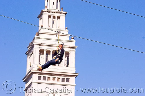 zip-line over san francisco, adventure, blue sky, cable line, cables, campanil, climbing helmet, clock tower, embarcadero tower, ferry building, hanging, mountaineering, moving fast, speed, steel cable, trolley, tyrolienne, urban, zip line, zip wire
